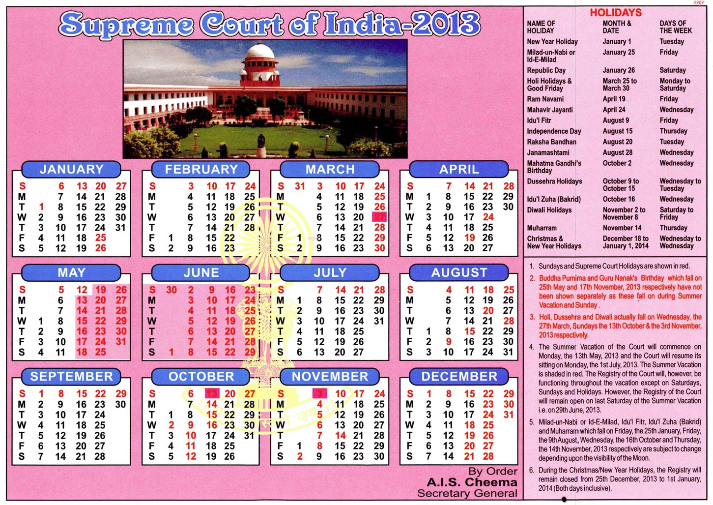 Calendar | SUPREME COURT OF INDIA
