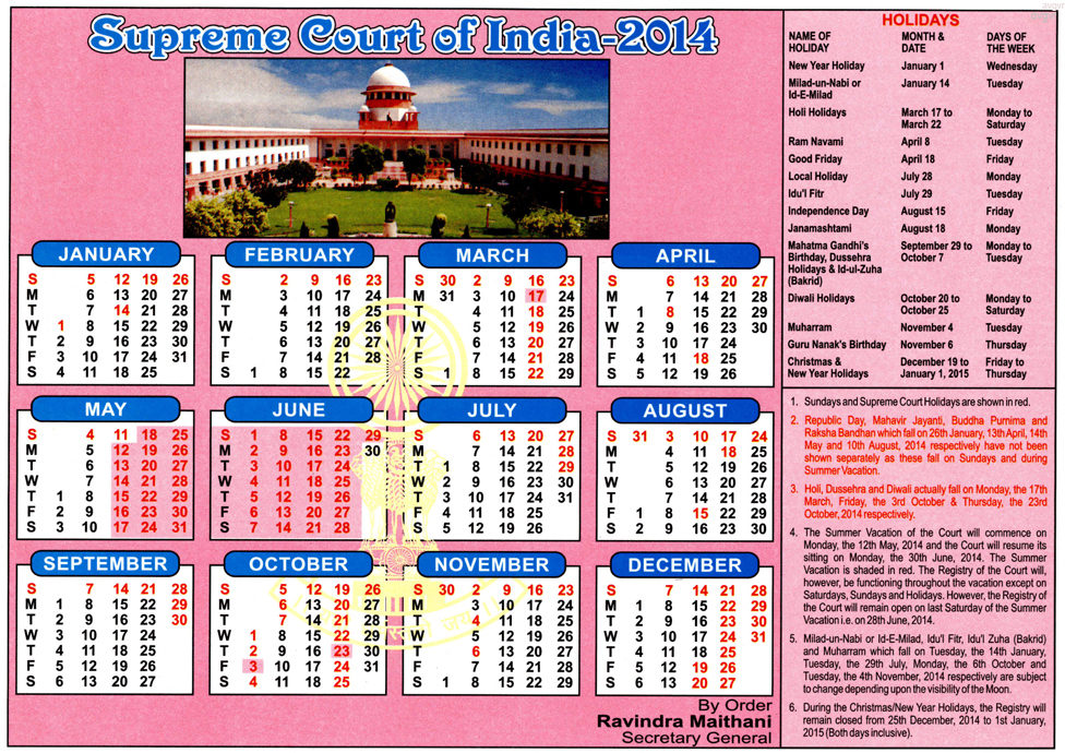 Calendar Supreme Court Of India