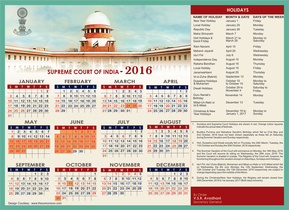 Calendar Supreme Court Of India