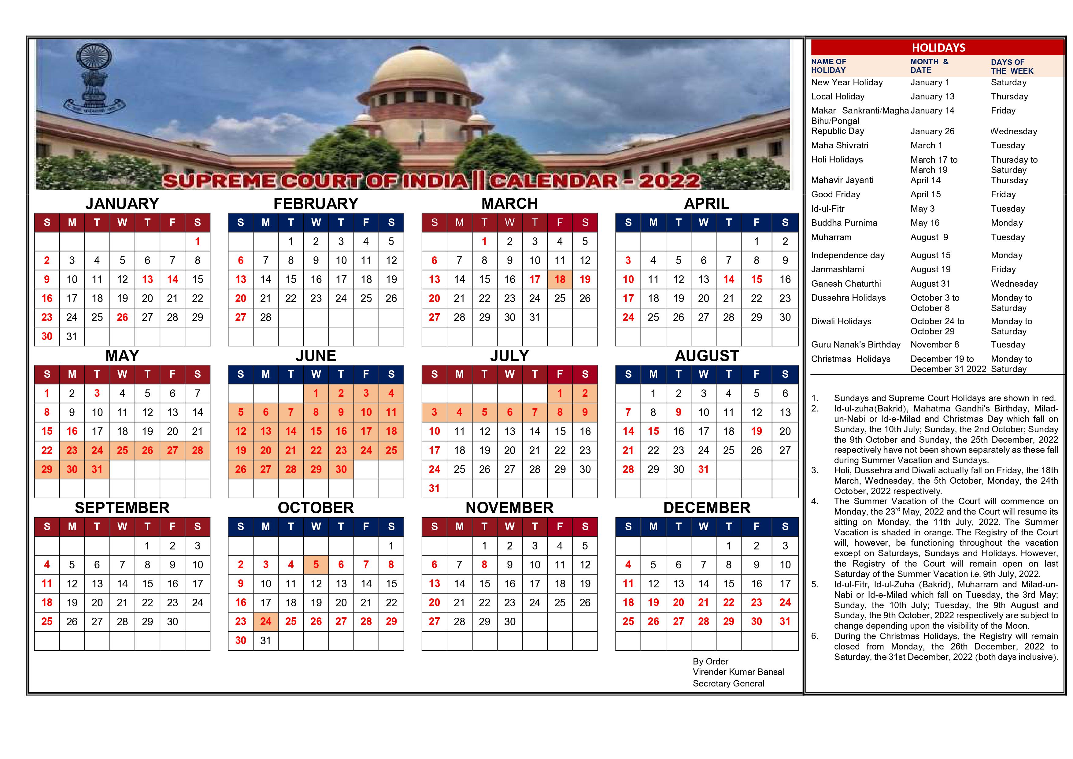 Calendar SUPREME COURT OF INDIA